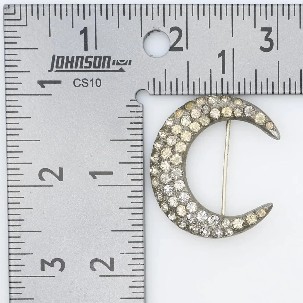 Antique‎ Art Deco Celestial Crescent Moon Rhinestone Pot Metal Brooch 1920s